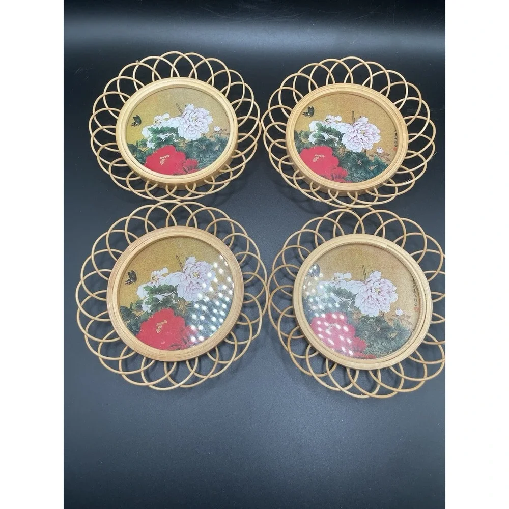 Vintage 80s Wicker Wooden Coasters With Floral And Butterfly Pattern Set Of Four